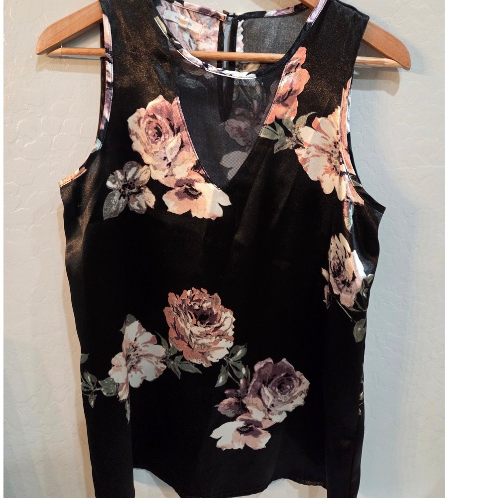 Maurices Womens Small Black Floral Satin Sleeveless Mesh V-Neck Blouse Top